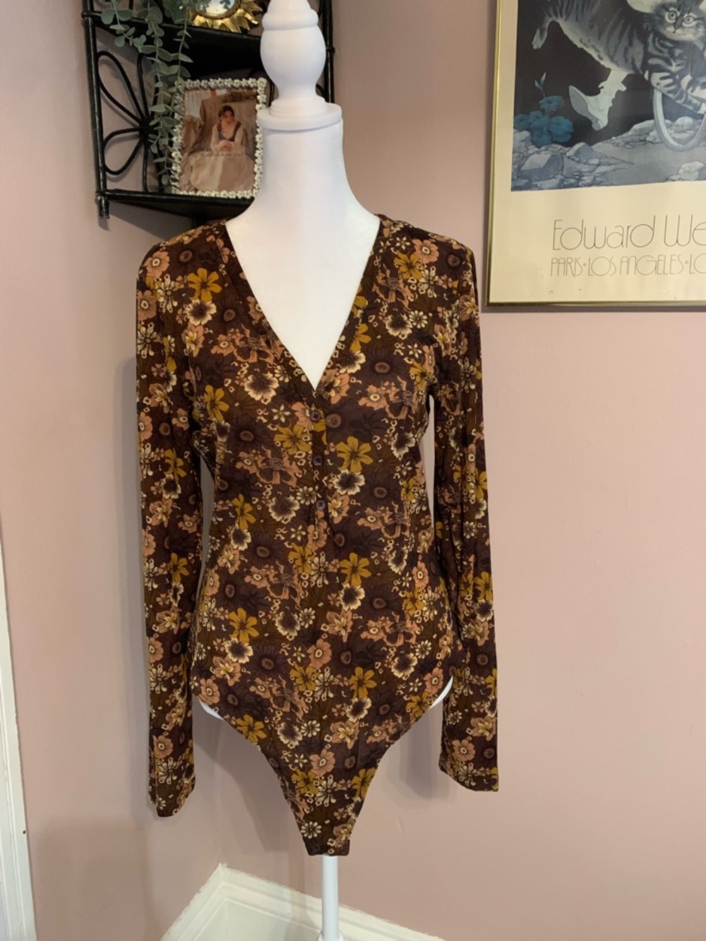 Wilfred Brown Floral V-Neck Long-Sleeve Bodysuit sheer 70’s vibes feminine
